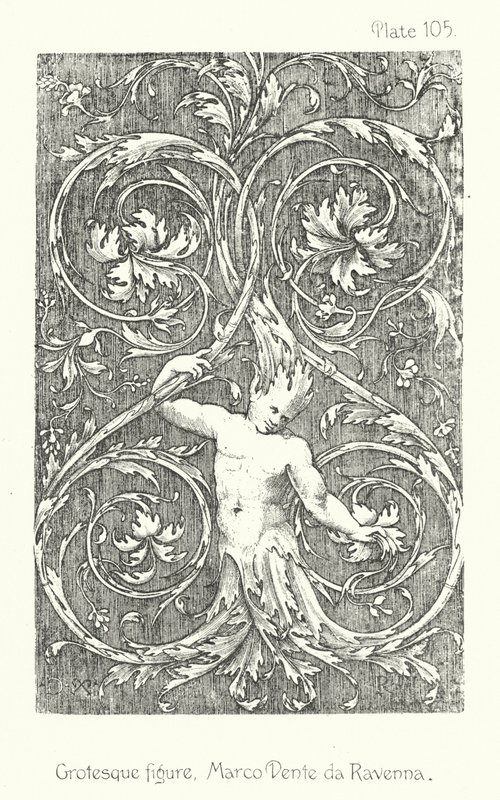 Příroda v ornamentu: Groteskní postava, Marco Dente da Ravenna (litografie) od English School