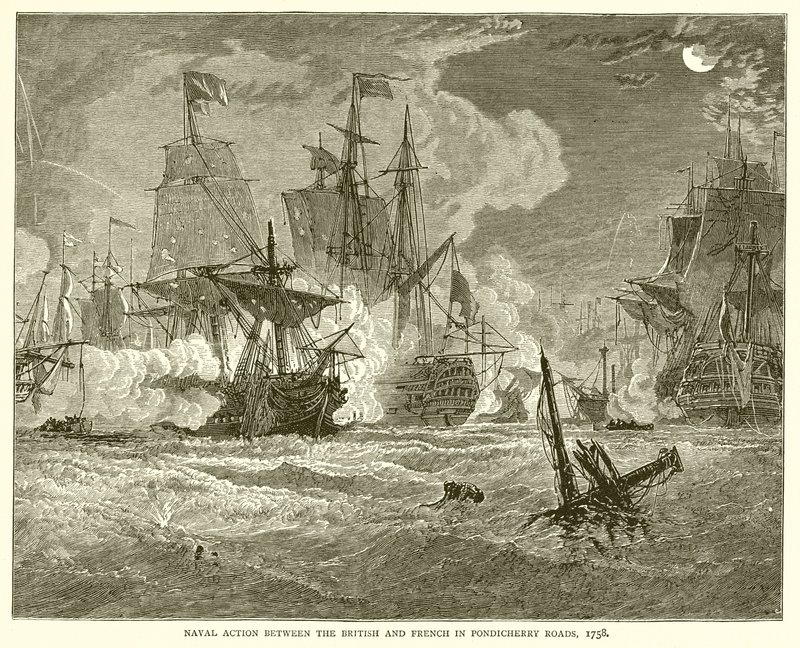 Námořní akce mezi Brity a Francouzi v Pondicherry Roads, 1758 od English School