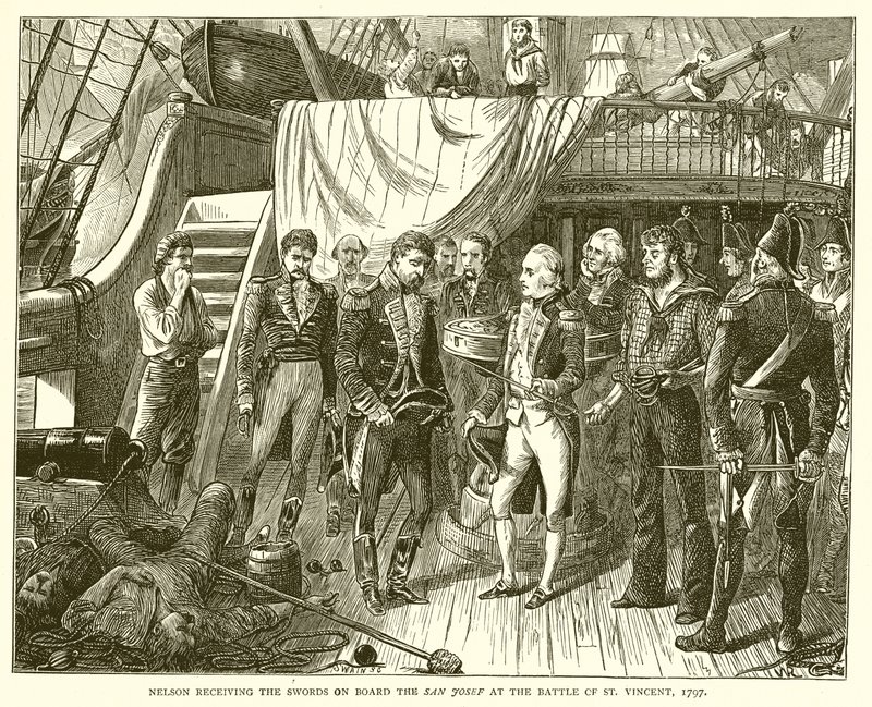 Nelson obdrží meče na palubě San Josef v bitvě u Svatého Vincenta, 1797 od English School