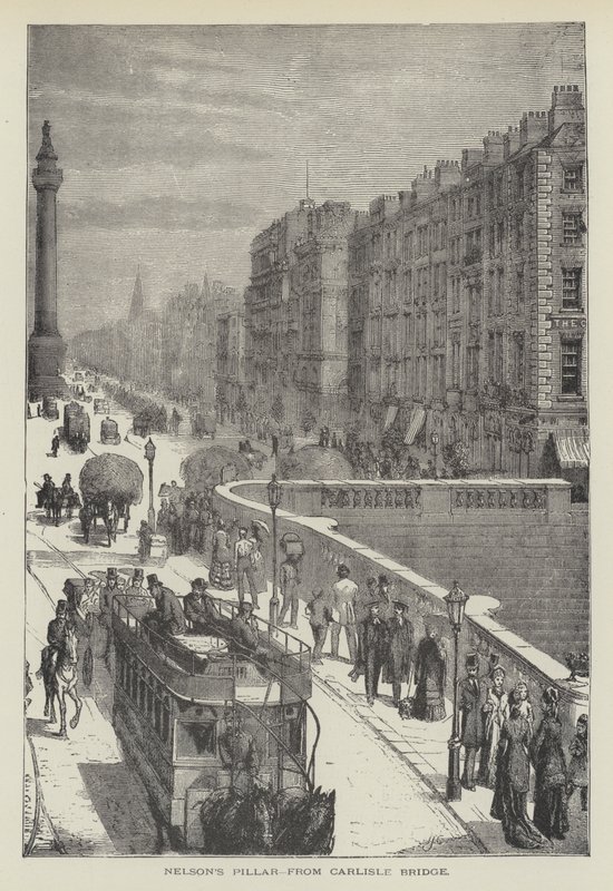 Nelsonův pilíř, z Carlisle Bridge (rytina) od English School