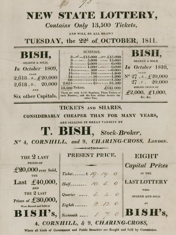 New State Lottery, provozuje T. Bish, burzovní makléř, 4 Cornhill a 9 Charing Cross, Londýn od English School