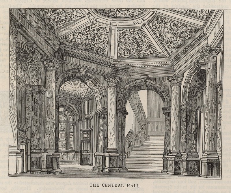 Nová budova Constitutional Club na Northumberland Avenue: The Central Hall od English School