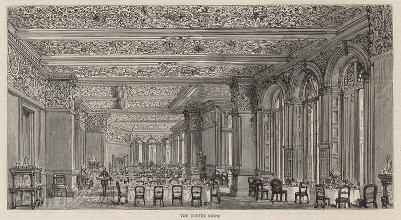 Nová budova Constitutional Club na Northumberland Avenue: Kavárna od English School