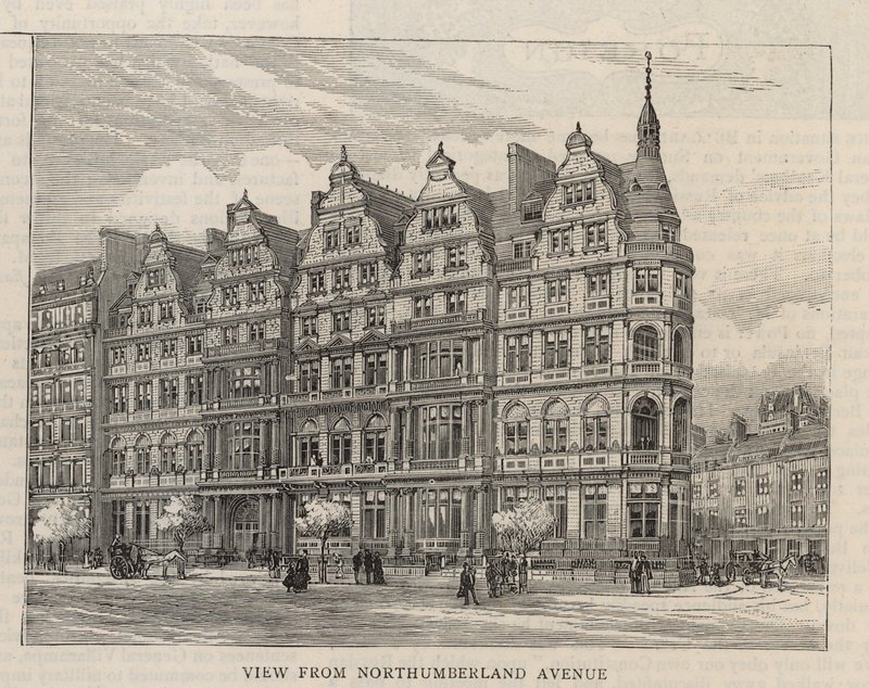 Nová budova Constitutional Club v Northumberland Avenue: Pohled z Northumberland Avenue od English School
