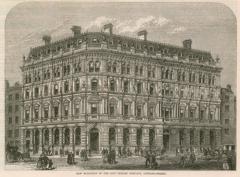Nové budovy City Offices Company, Lombard Street, Londýn od English School