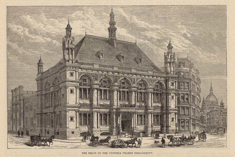 Nové budovy City of London School: Přední část na nábřeží Victoria Thames od English School