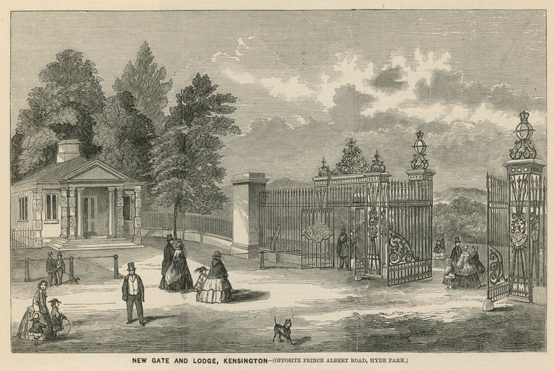 Nová brána a lóže, Kensington, naproti Prince Albert Road, Hyde Park od English School