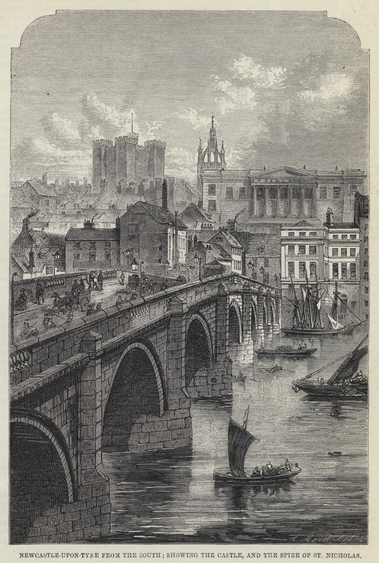 Newcastle-upon-Tyne z jihu, zobrazující hrad a věž svatého Mikuláše (rytina) od English School
