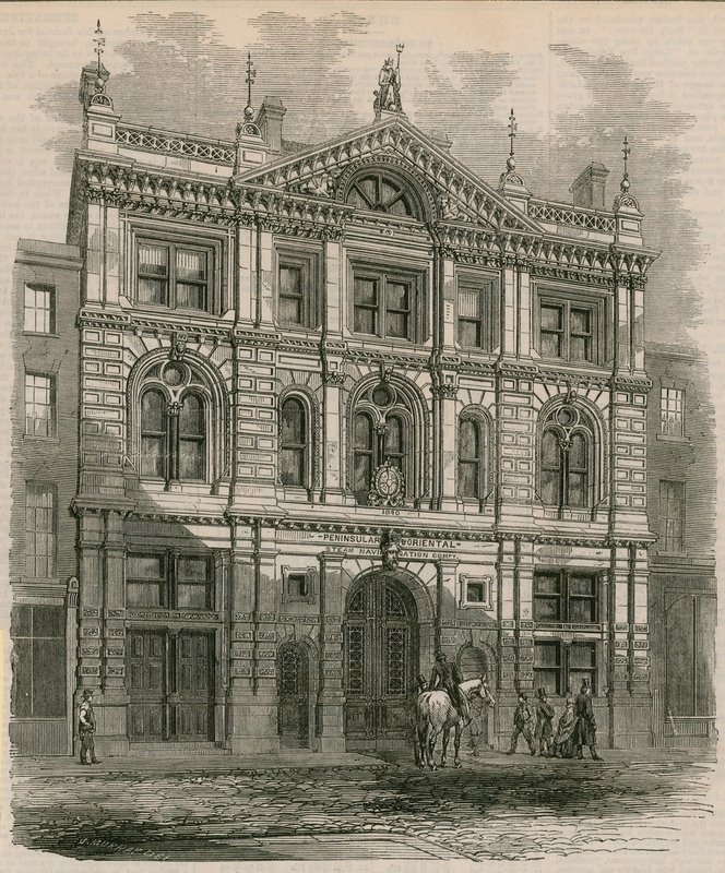 Nově postavené kanceláře společnosti Peninsular and Oriental Steam Navigation Company, Leadenhall Street, Londýn od English School