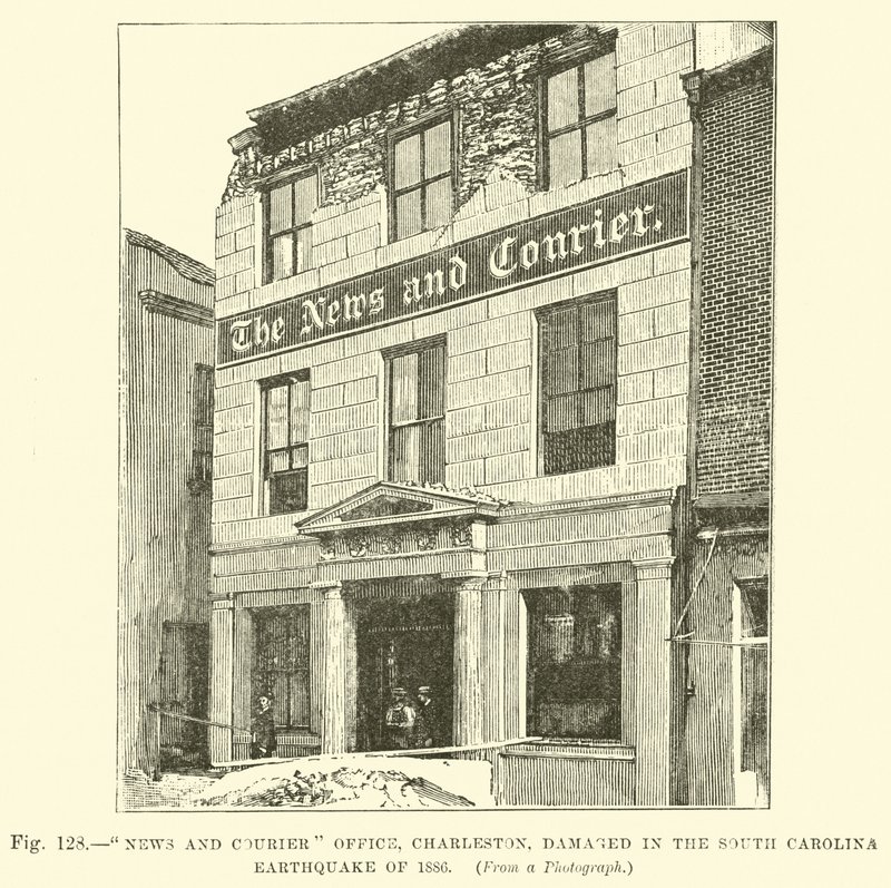News and Courier Office, Charleston, poškozen při zemětřesení v Jižní Karolíně v roce 1886 od English School