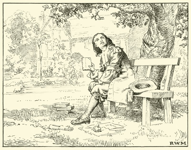 Newton a jablko (inkoust na papíře) od English School