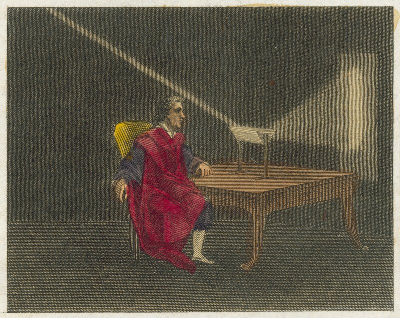 Newton objevuje podstatu světla (kolorovaná rytina) od English School