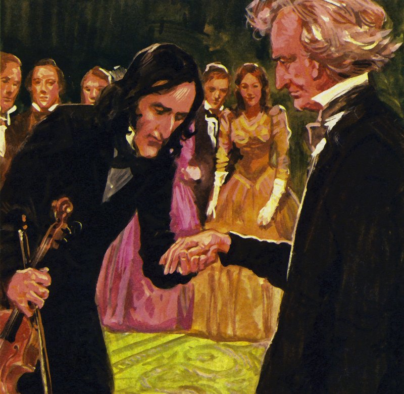 Nicolo Paganini mu pokorně políbil ruku poté, co hrál Berliozse Harolda v Itálii od English School