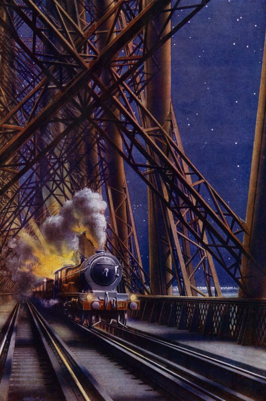 Noční vlak přes Forth Bridge, Skotsko (barva litho) od English School