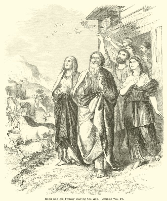 Noe a jeho rodina opouštějí archu, Genesis, viii, 16 od English School