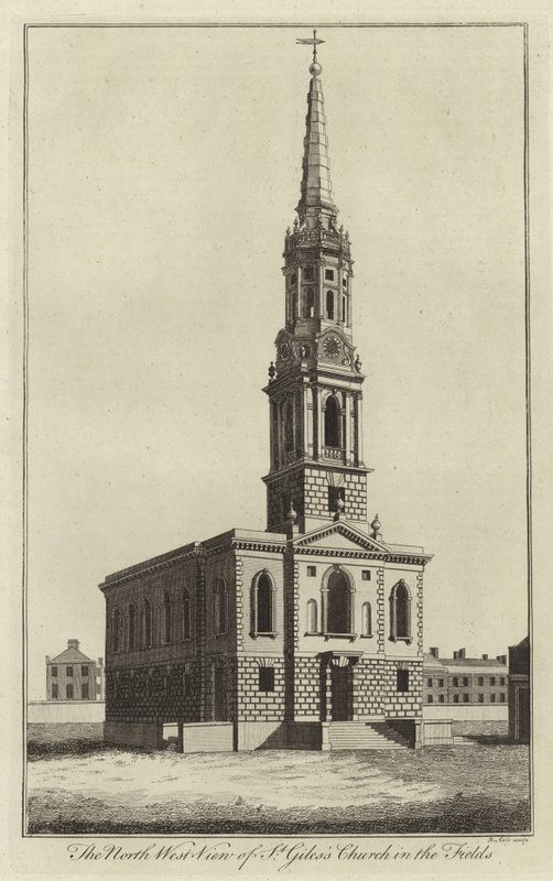 Severozápadní pohled na kostel St Giles in the Fields, Londýn od English School