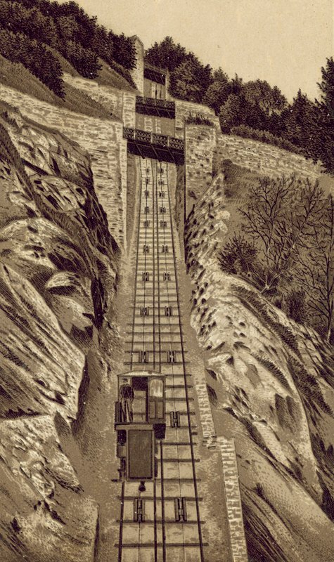 Severní Devon: Cliff Railway, Lynmouth - Lynton (litografie) od English School