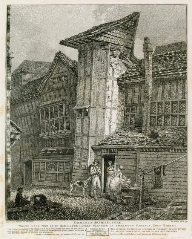 Severovýchodní pohled na starý dům, který nedávno stál ve Sweedons Passage, Grub Street od English School