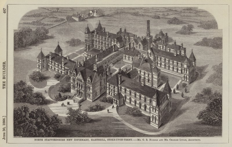 North Staffordshire New Infirmary, Hartshill, Stoke-upon-Trent, pan G B Nichols a pan Charles Lynam, architekti (rytina) od English School