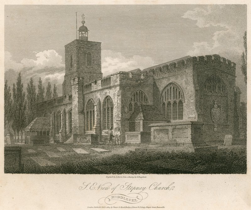 Severovýchodní pohled na Stepney Church, Londýn od English School