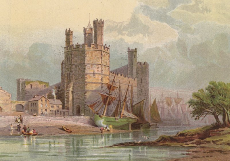 Severně od Walesu, hrad Carnarvon (barevné lito) od English School