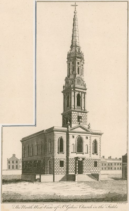 Severozápadní pohled na St Giles Church in the Fields, Londýn od English School