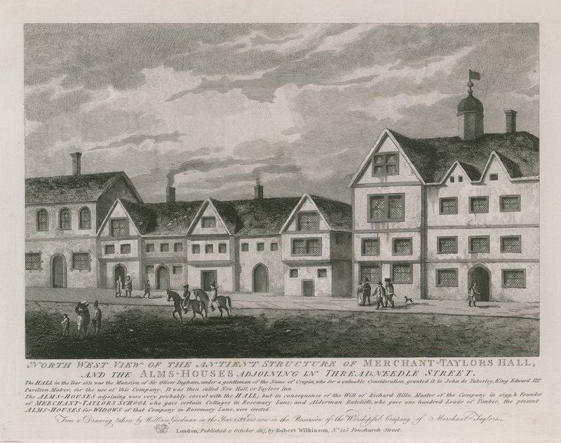 Severozápadní pohled na starověkou strukturu Merchant Taylors Hall od English School
