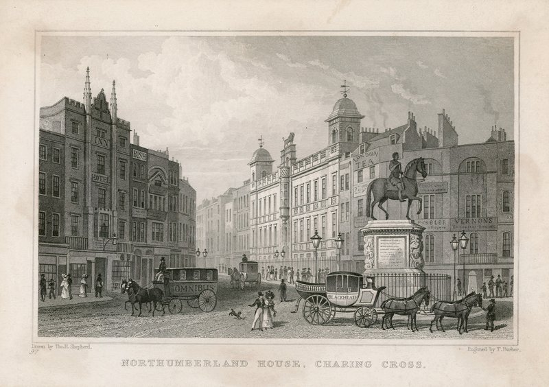 Northumberland House, Charing Cross. Bishs Lottery Office, No 9 Charing Cross, je hned vedle hotelu Golden Cross od English School