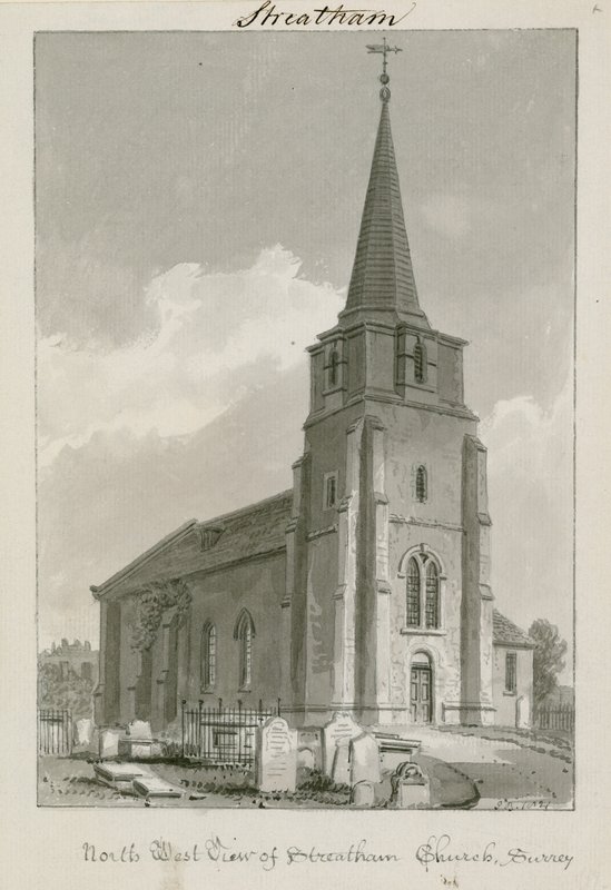 Severozápadní pohled na Streatham Church, Surrey (wc na papíře) od English School