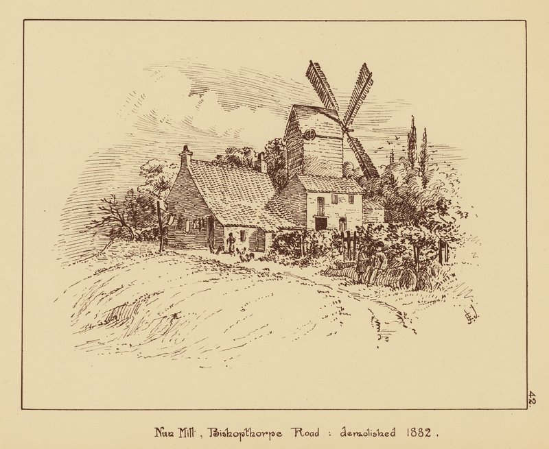 Nun Mill, Bishopthorpe Road, zbořen 1882 (litografie) od English School