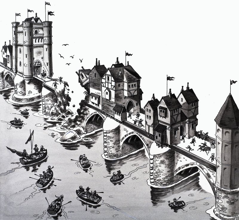 Ilustrace říkanky: London Bridge padá od English School