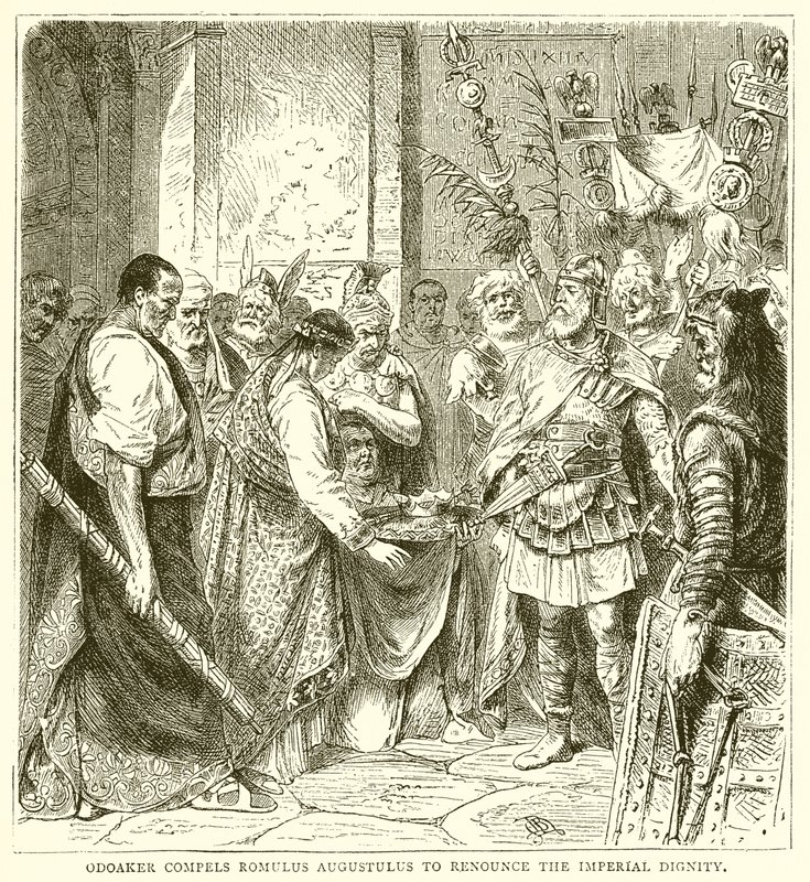 Odoaker nutí Romula Augustula, aby se vzdal imperiální důstojnosti od English School
