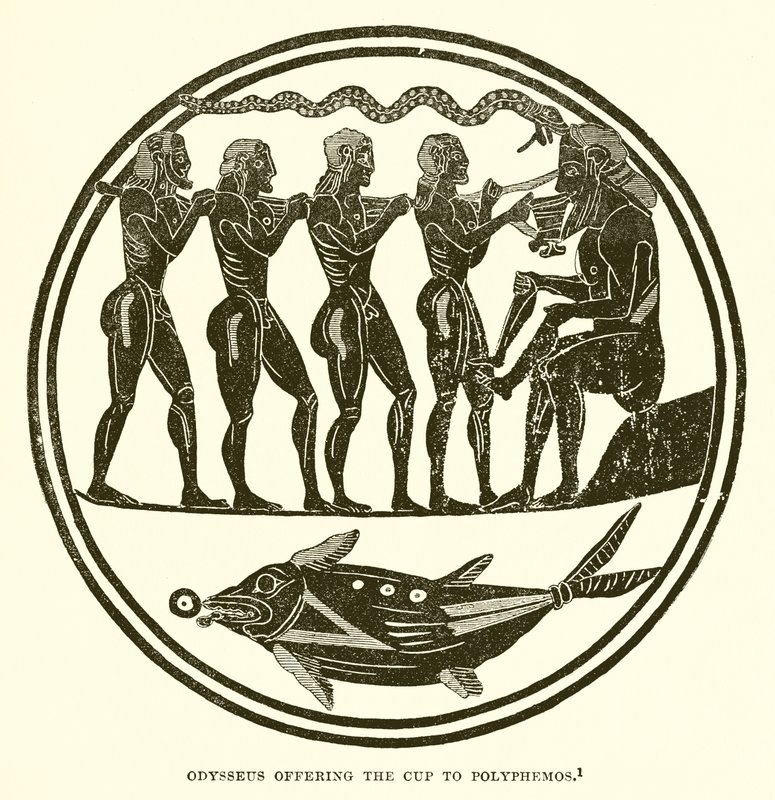 Odysseus nabízí pohár Polyfémovi od English School