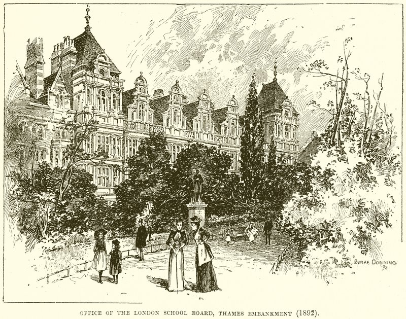Kancelář londýnské školní rady, Thames Embankment (1892) od English School