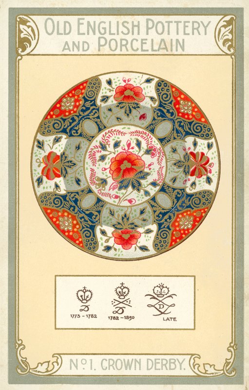 Stará anglická keramika a porcelán: Crown Derby (barevná litografie) od English School