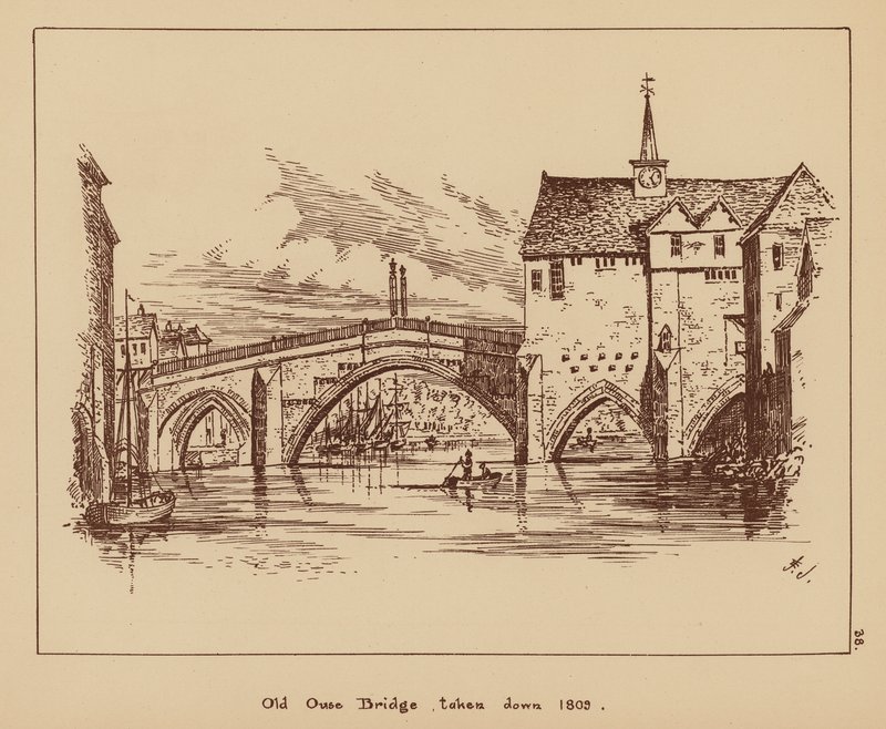 Starý most přes řeku Ouse, stržený v roce 1809 (litografie) od English School