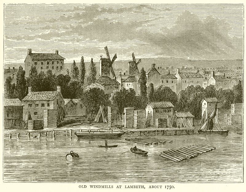 Staré větrné mlýny v Lambeth, asi 1750 od English School