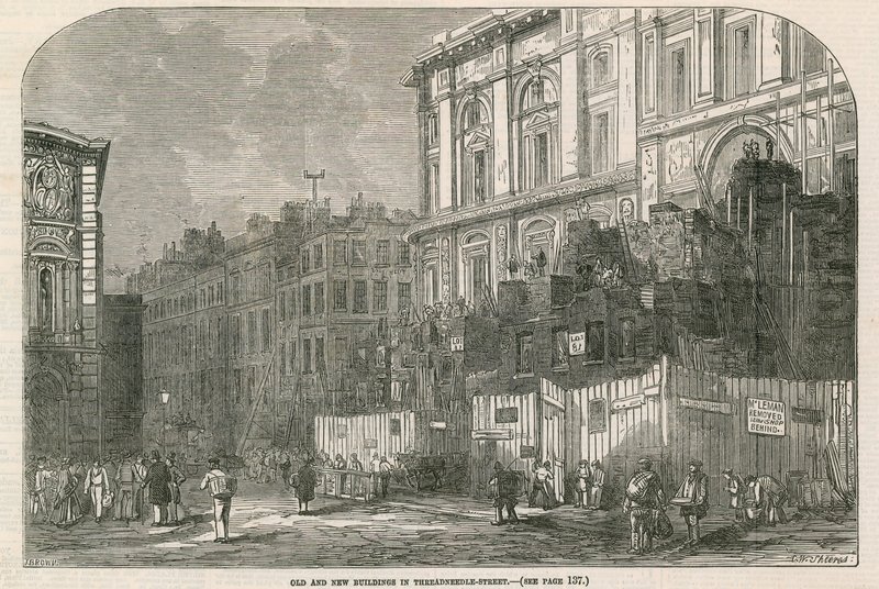 Staré a nové budovy v Threadneedle Street, Londýn od English School