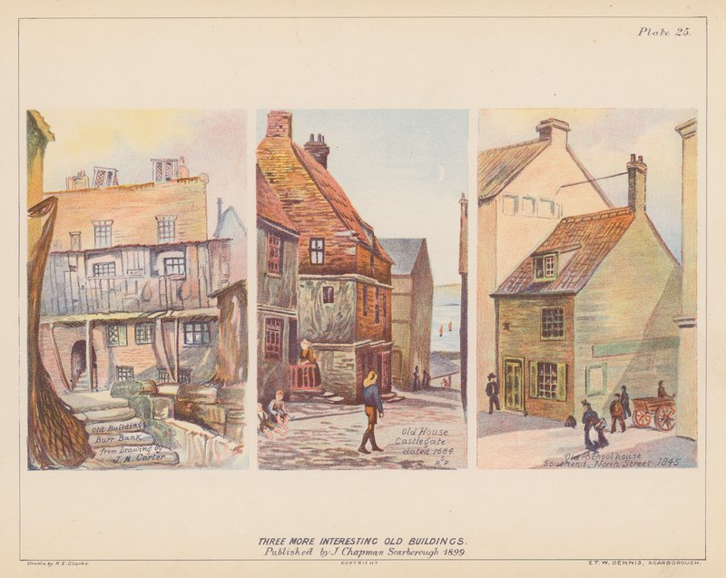Staré budovy, Scarborough (barevná litografie) od English School