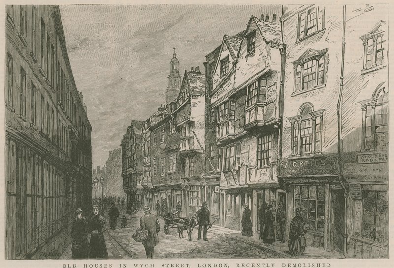 Staré domy na Wych Street v Londýně, nedávno zbourané od English School