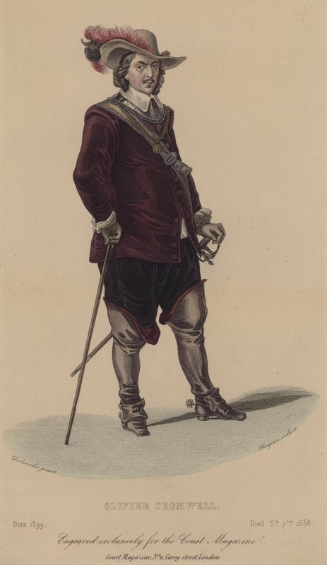 Oliver Cromwell, anglický voják a politik (barevná rytina) od English School