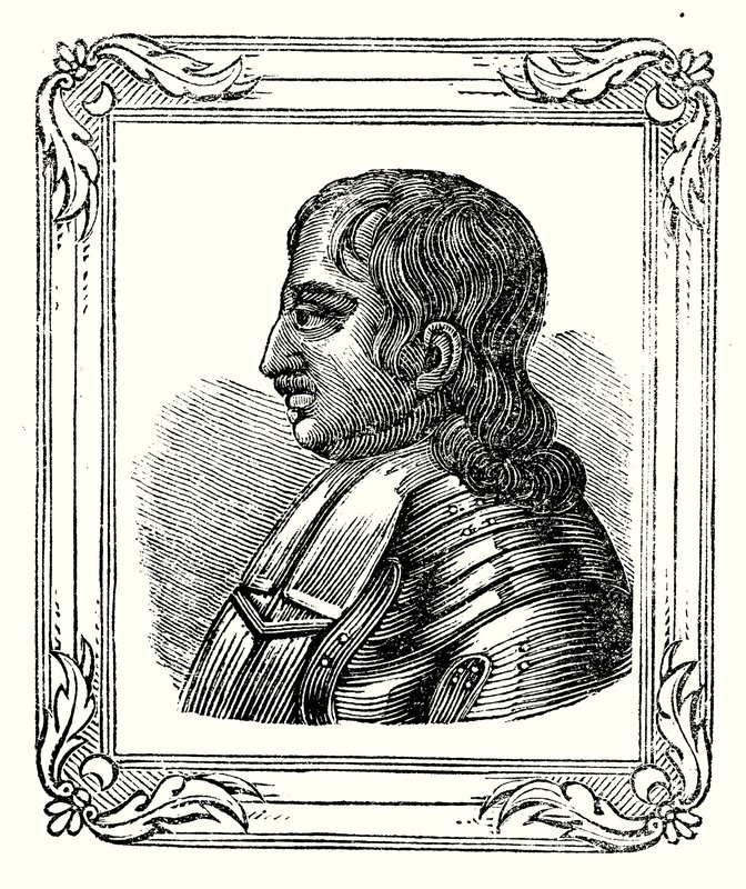 Oliver Cromwell se narodil roku 1599, roku 1653 se stal protektorem a zemřel roku 1658 (rytina) od English School