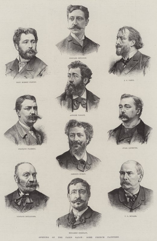 Otevření pařížského salonu, někteří francouzští malíři (rytina) od English School
