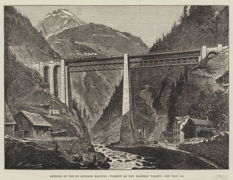 Otevření železnice St Gothard, viadukt v údolí Maderan (rytina) od English School