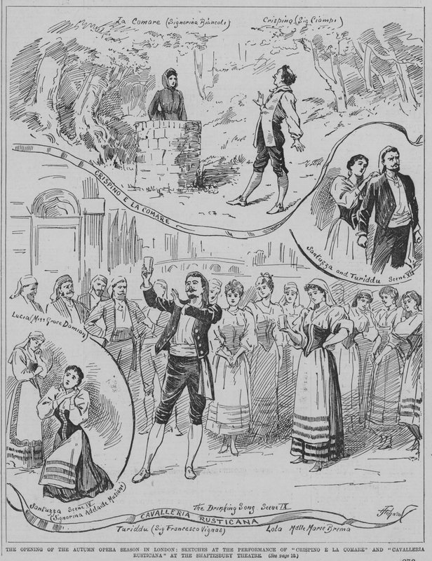 Zahájení podzimní operní sezóny v Londýně: scény z představení Crispino e la Comare a Cavalleria Rusticana v divadle Shaftesbury od English School