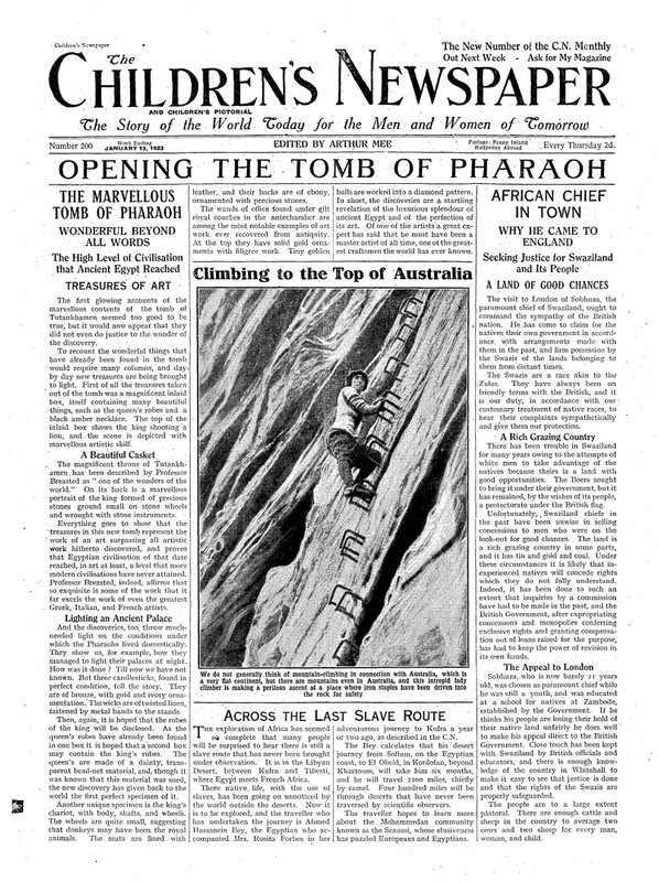 Otevření faraonovy hrobky, ilustrace z The Childrens Newspaper, 13. ledna 1923 (novinový papír) od English School