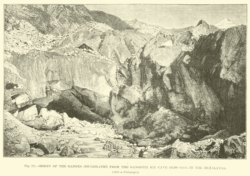 Původ Gangy (Bhagirathi) z ledové jeskyně Gangotri (10 300 stop), v Himalájích od English School