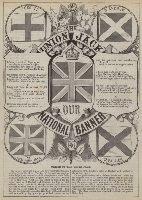 Původ vlajky Union Jack (rytina) od English School