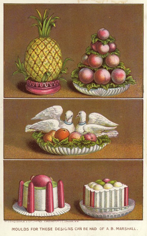 Ozdobné formičky na výrobu ledových jídel ve tvaru ananasu, broskví a dvou holubic (chromolitho) od English School