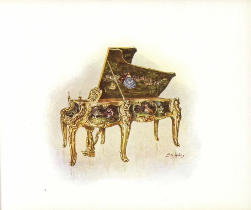 Stránka z uměleckého katalogu Steinway & Sons (barevné lito) od English School